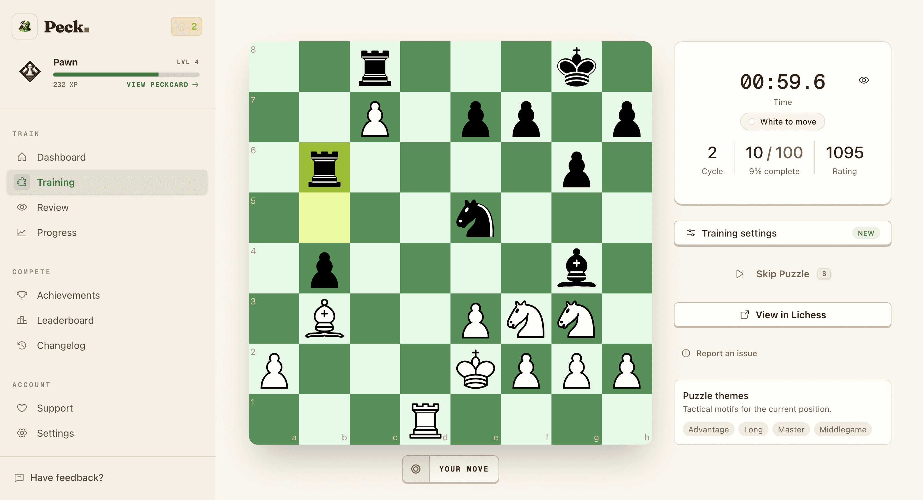 Peck training session with a chess puzzle board, session timer, cycle progress, and puzzle themes
