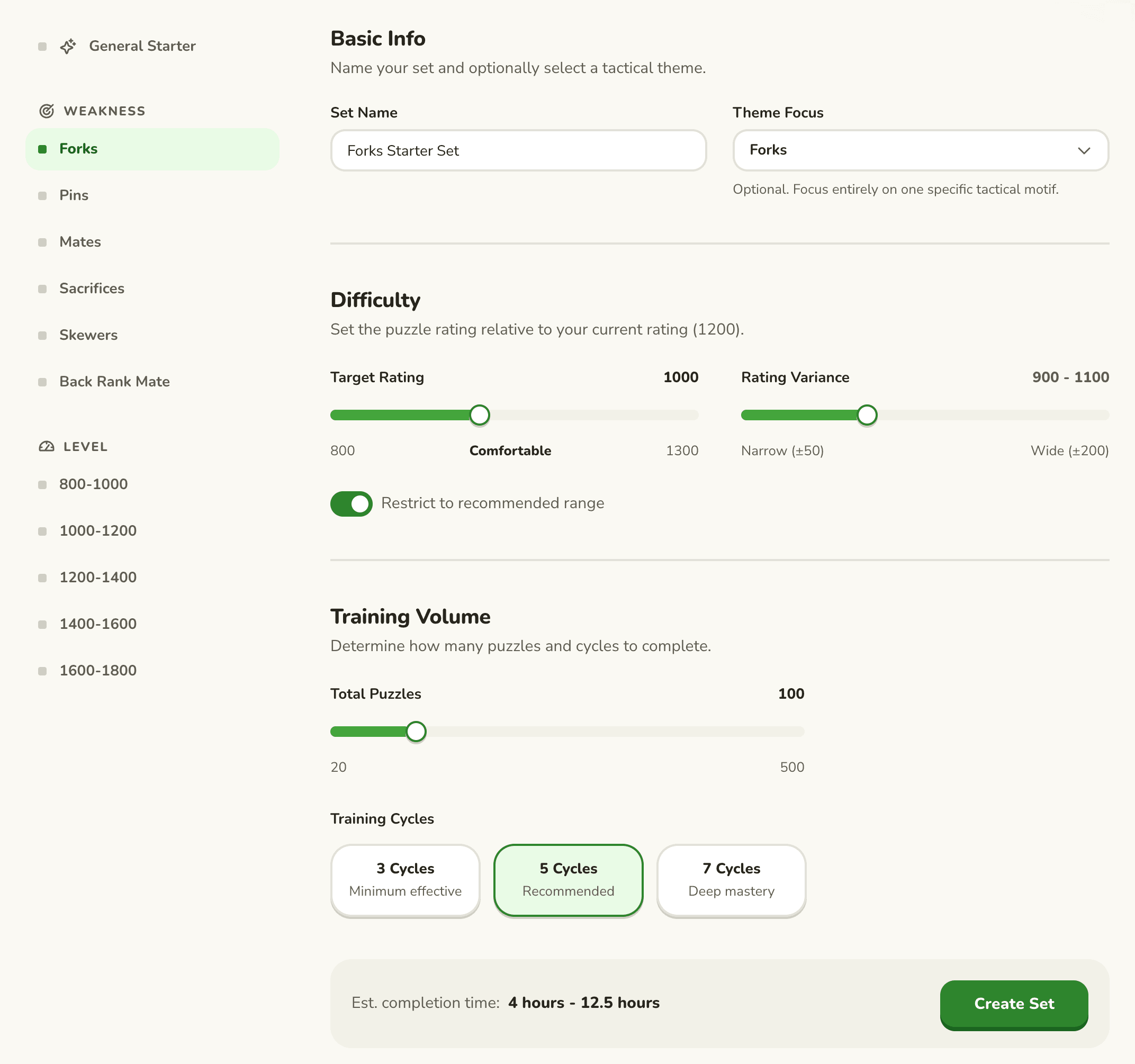 Peck set builder with a forks preset selected, set name, theme focus, target rating, puzzle count, and cycle options