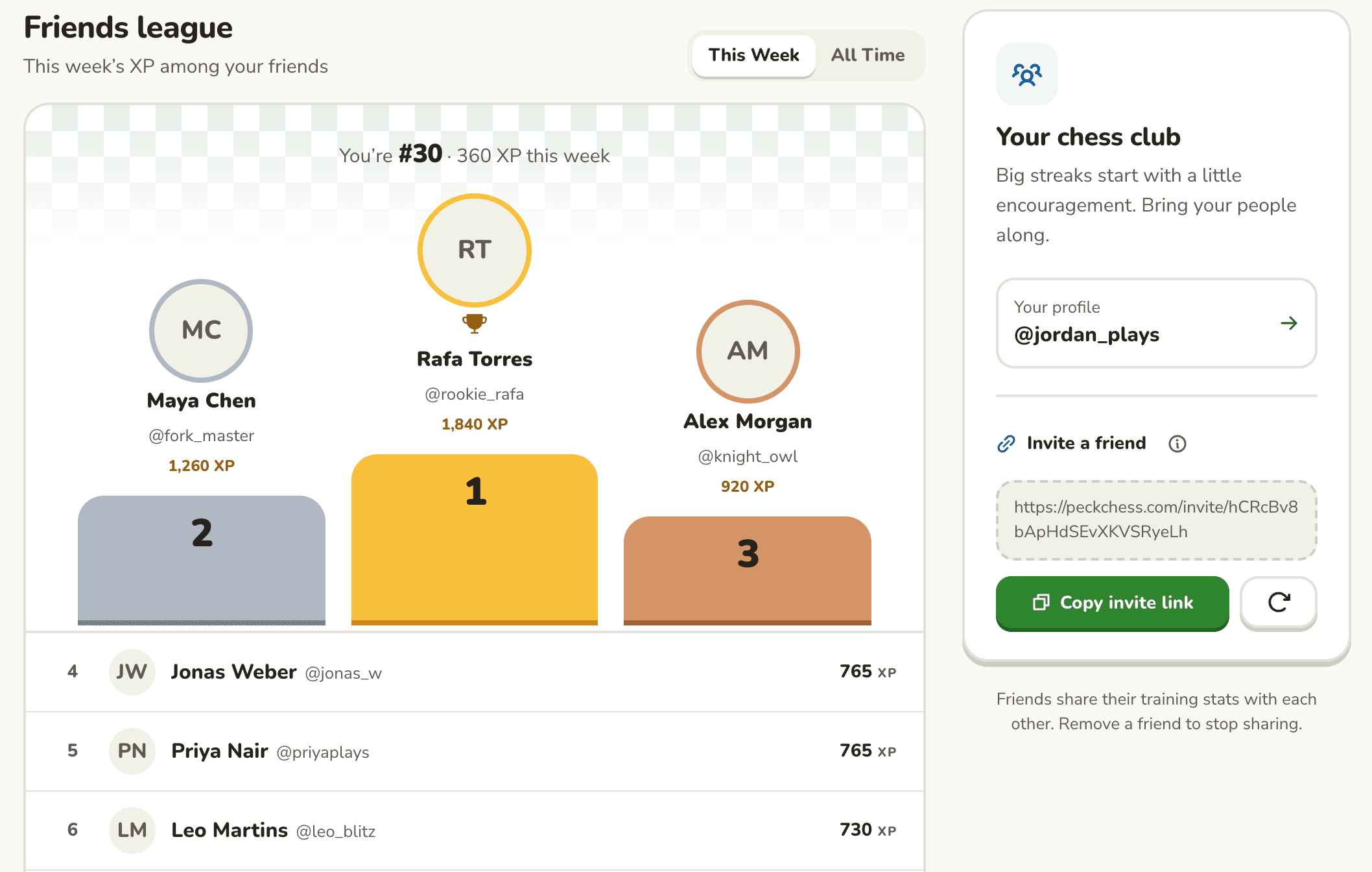 Peck friends league podium with weekly XP rankings beside an invite link for your chess club